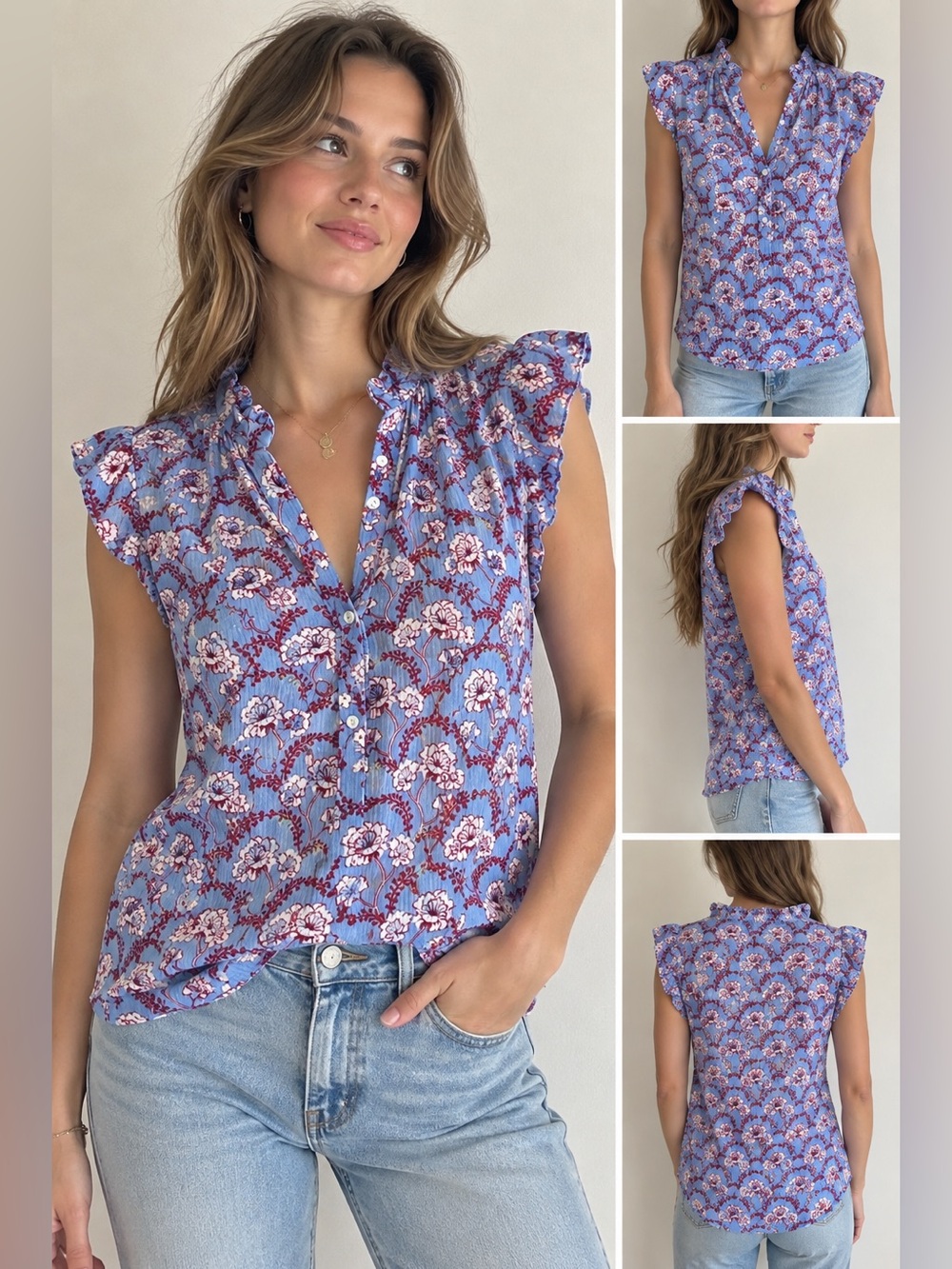 A.L.C. Blue Red Floral Ruffle Sleeve Blouse Top Size 2